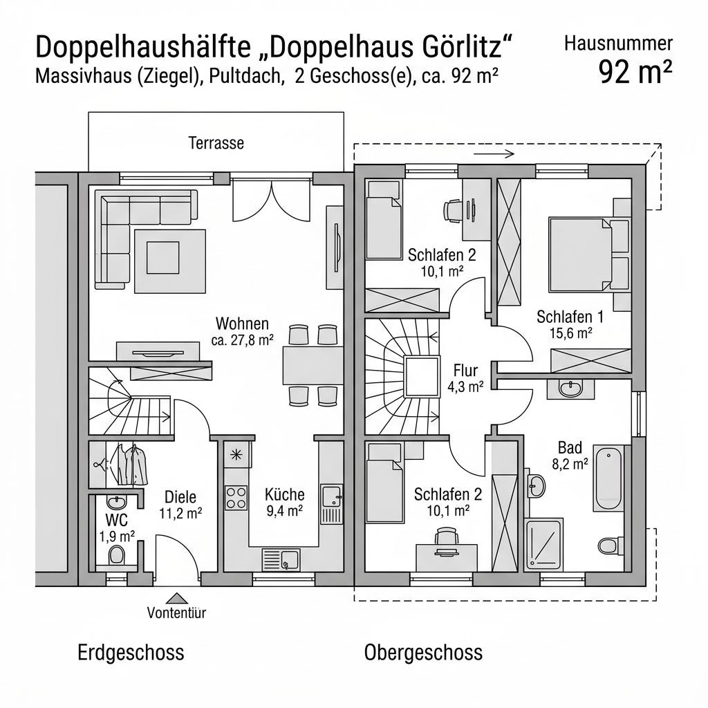 Grundriss Doppelhaus Görlitz – 92 m² Doppelhaushälfte mit 3 Zimmern