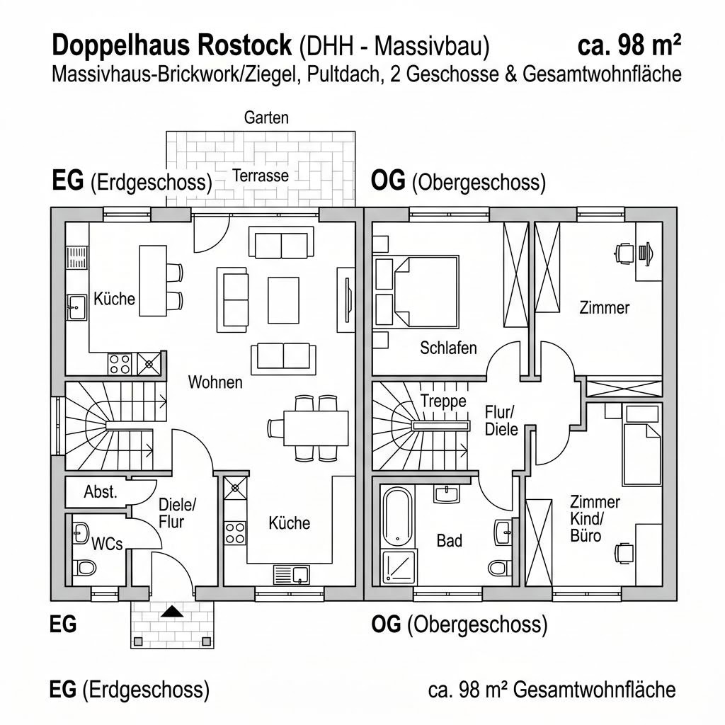 Grundriss Doppelhaus Rostock – 98 m² Doppelhaushälfte mit 3 Zimmern