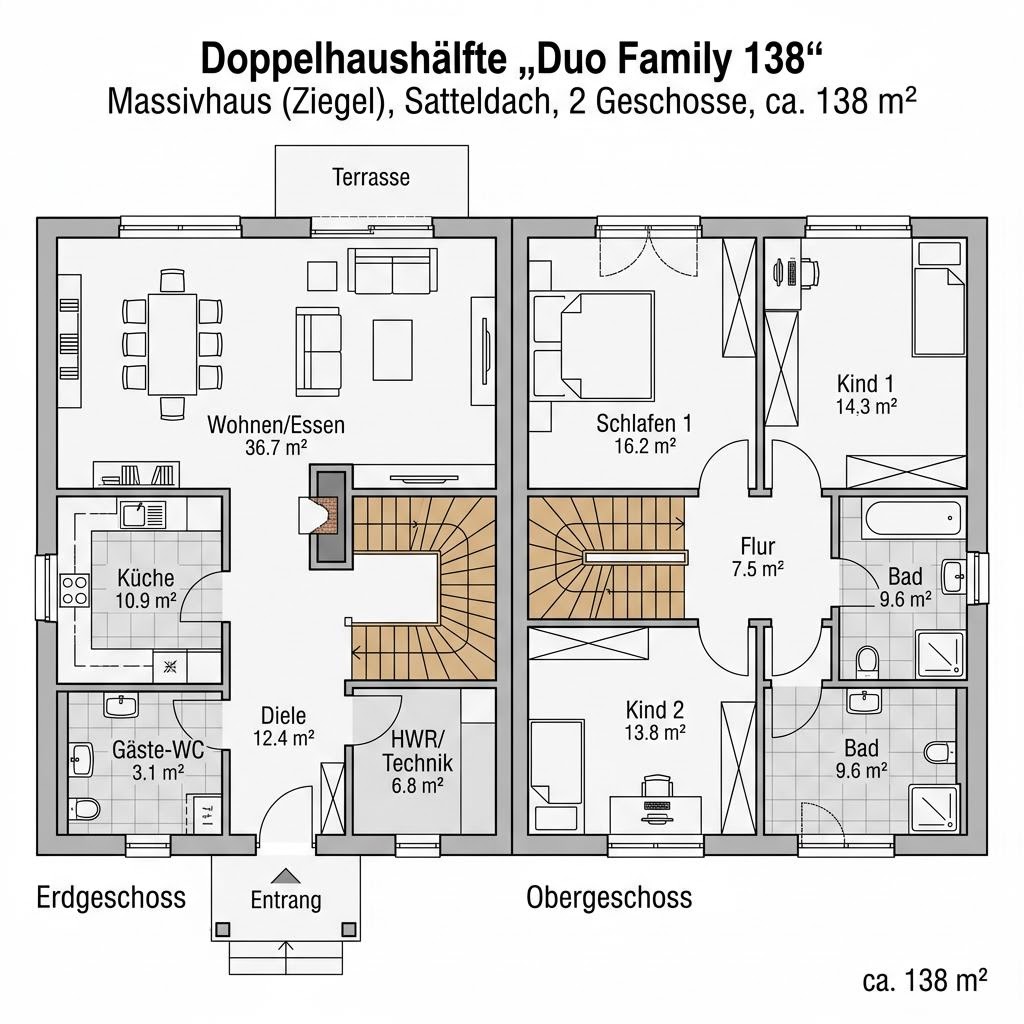Grundriss Duo Family 138 – 138 m² Doppelhaushälfte mit 5 Zimmern