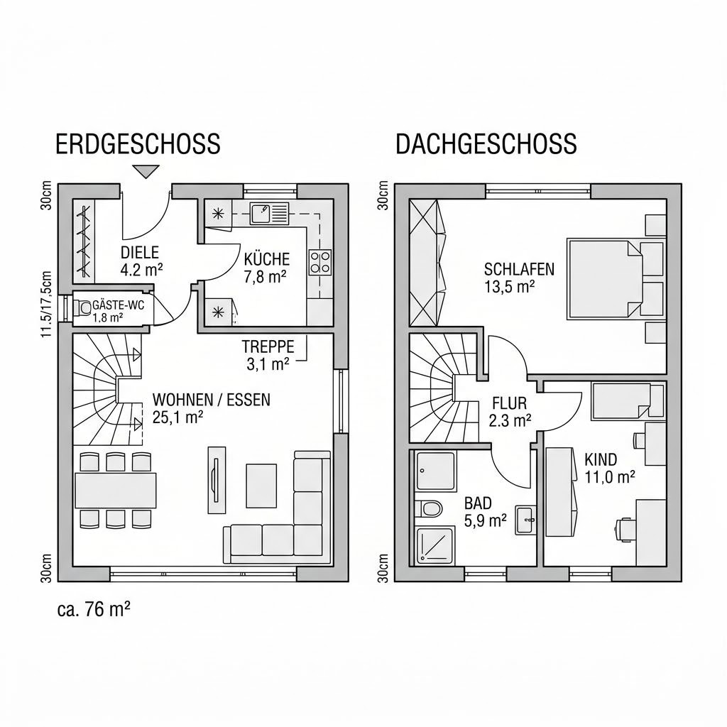 Grundriss Singlehaus Kompaktus 76 – 76 m² Singlehaus mit 3 Zimmern