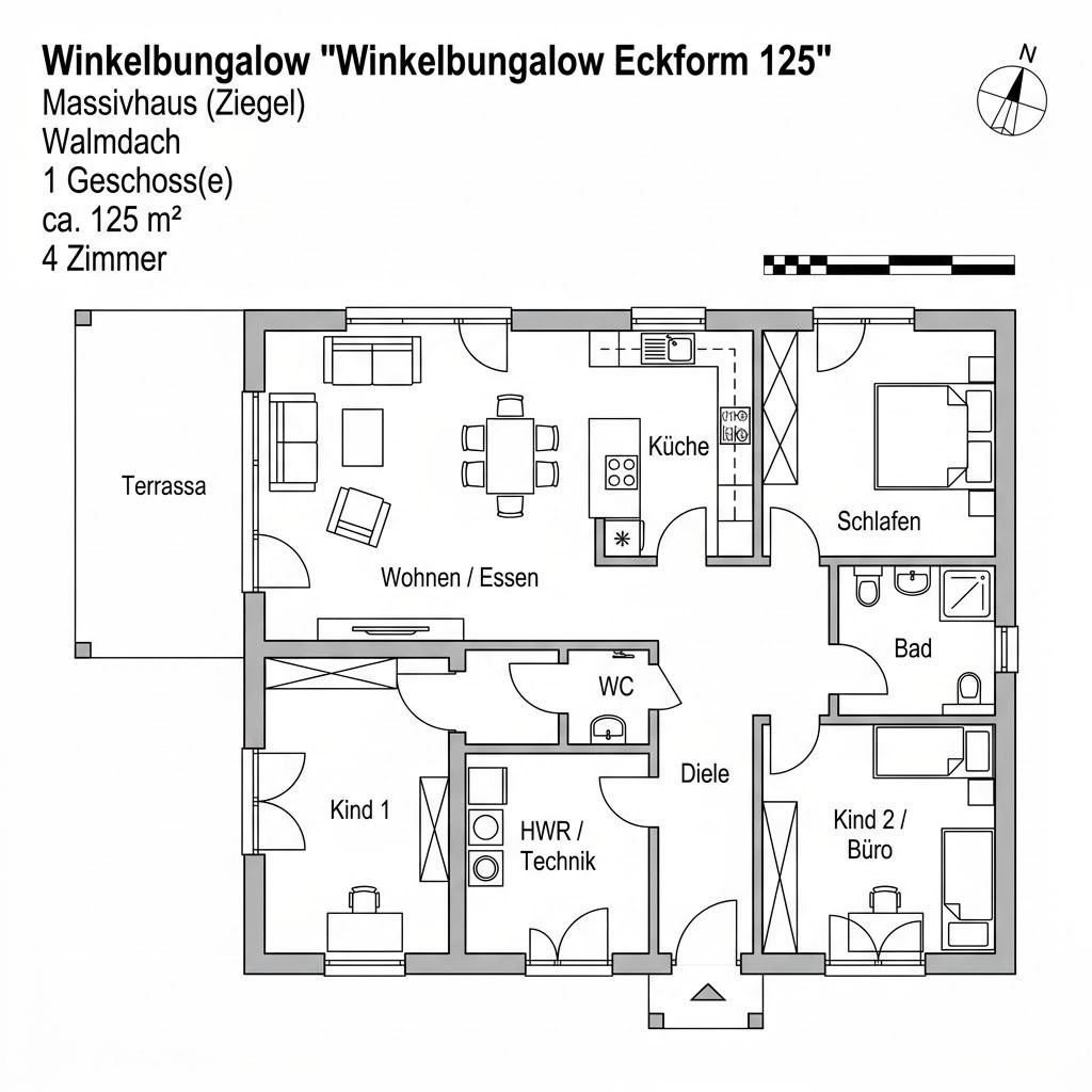 Grundriss Winkelbungalow Eckform 125 – 125 m² Winkelbungalow mit 4 Zimmern