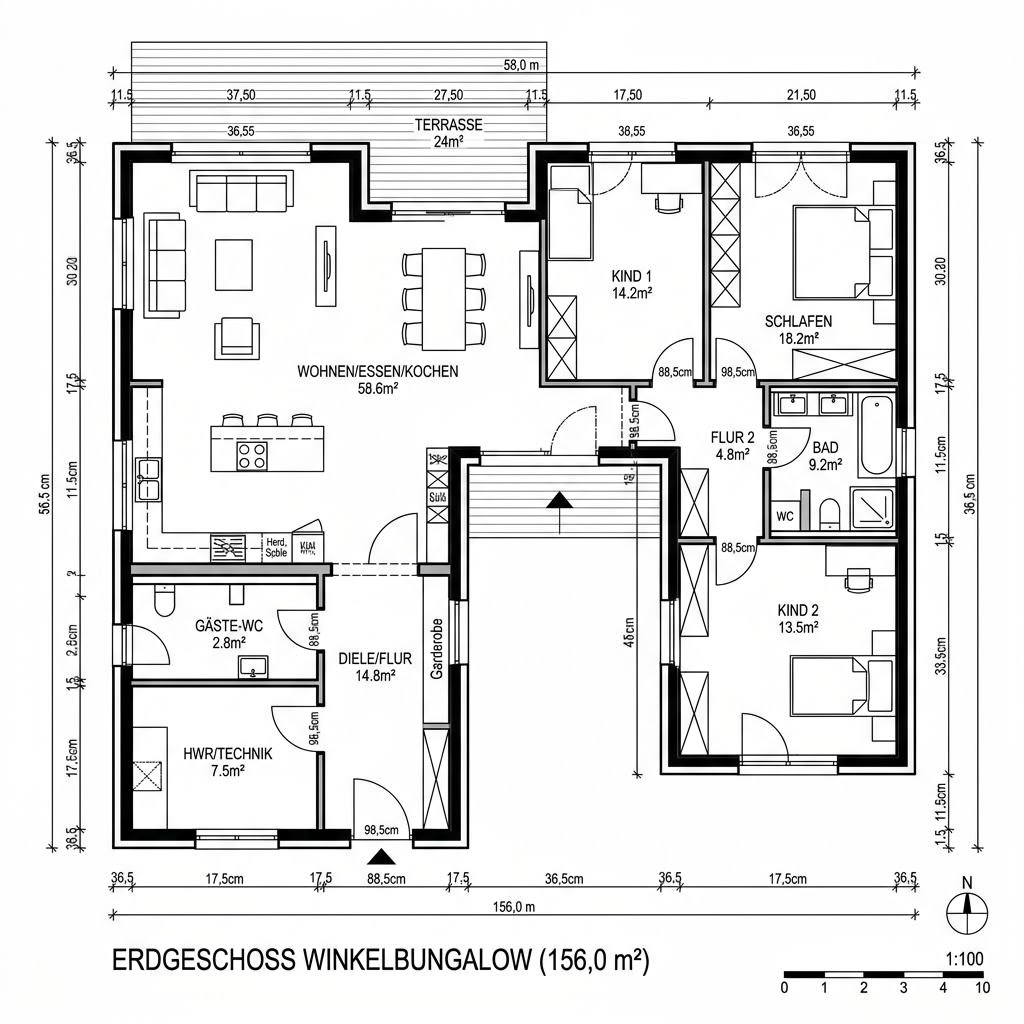 Grundriss Massiv-Winkelbungalow Winkel 156 – 156 m² Winkelbungalow mit 5 Zimmern