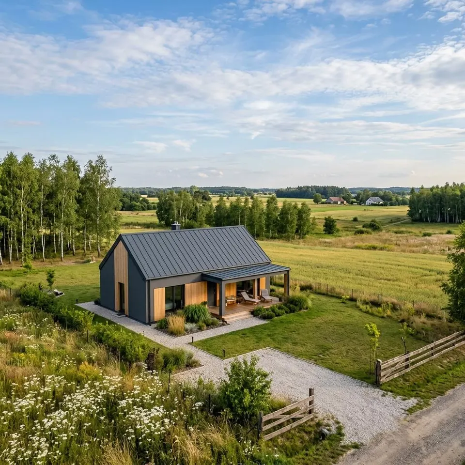 Neues Fertighaus aus Polen mit Satteldach in weiter Landschaft bei Sonnenschein – Fertighaus aus Polen 2026 Neues Fertighaus aus Polen mit Satteldach in weiter Landschaft bei Sonnenschein – Fertighaus aus Polen 2026