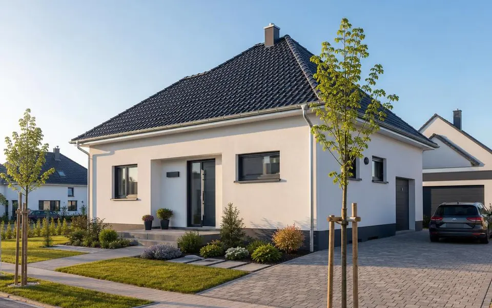 Massivhaus-Neubau am Stadtrand mit verputzter Fassade – typisch für den Hausbau in Berlin