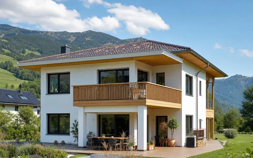 Massivhaus-Neubau mit verputzter Ziegelfassade – typisch für den Hausbau in Bayern